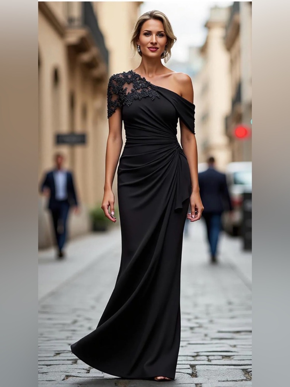 Elegant One-Shoulder Black Evening Chiffon Gown Sz 14